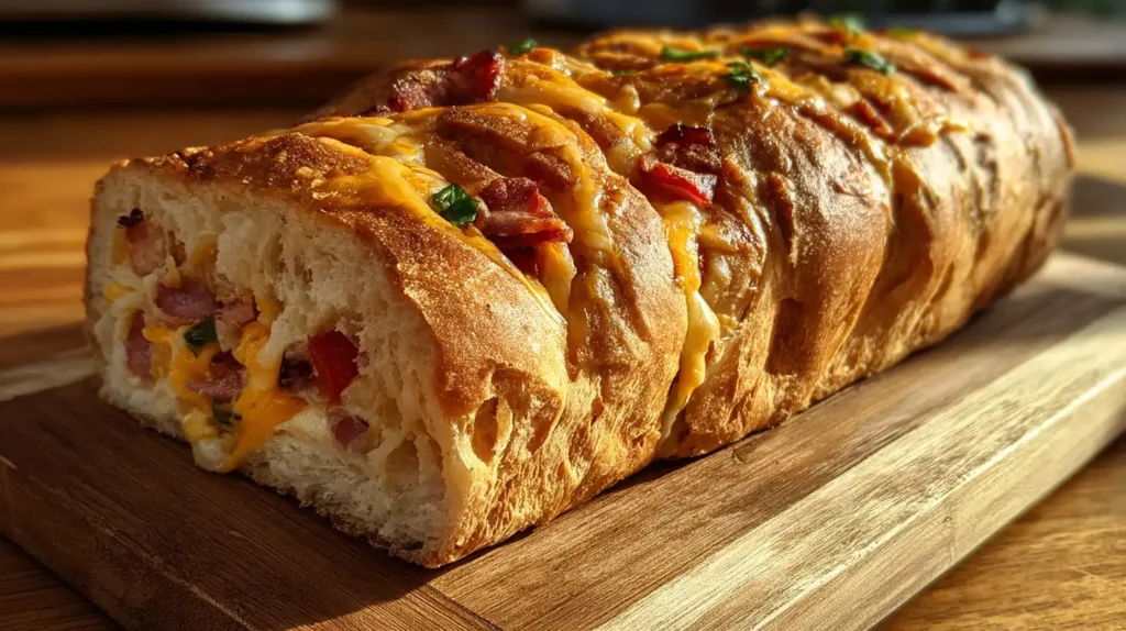 freshly baked garbage bread recipe with cheesy filling
