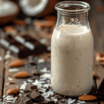 Almond Joy creamer recipe in a glass bottle with chocolate and coconut
