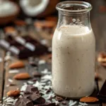 Almond Joy creamer recipe in a glass bottle with chocolate and coconut