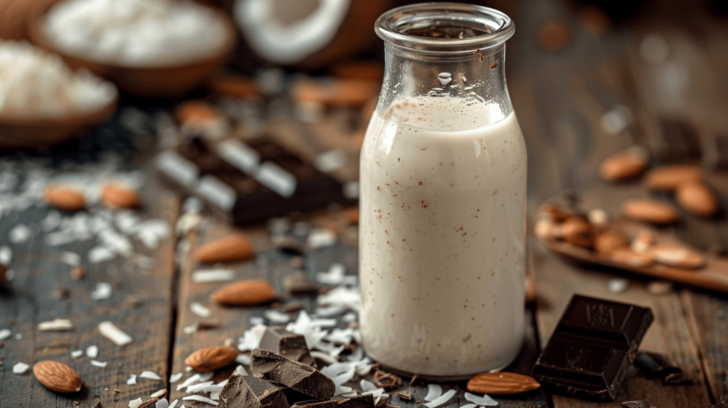 Almond Joy creamer recipe in a glass bottle with chocolate and coconut