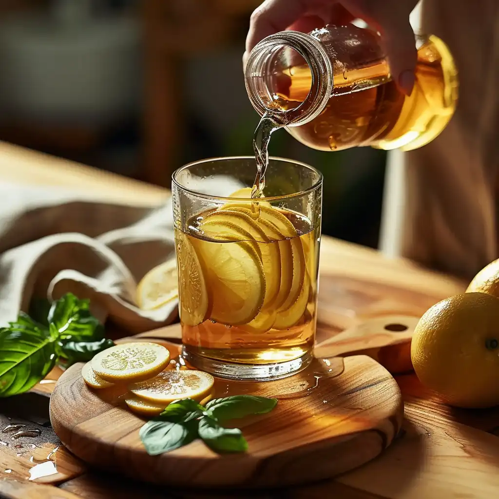 Glass of homemade Mounjaro recipe for weight loss with lemon and apple cider vinegar