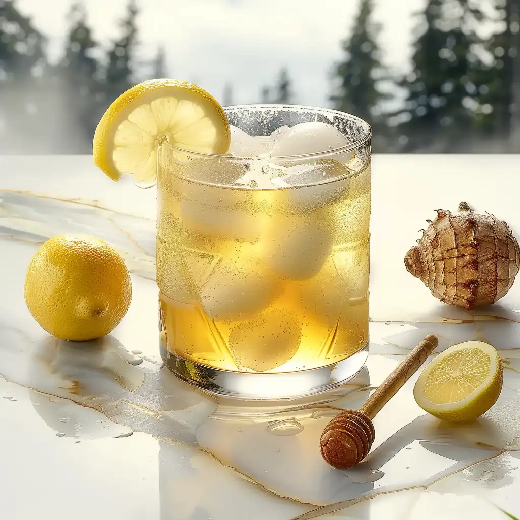 Glass of iced homemade Mounjaro recipe for weight loss with lemon, ginger, and honey