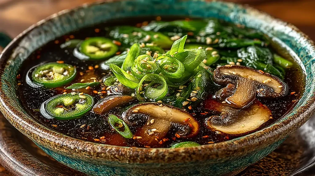 Traditional Japanese clear soup recipe served hot with mushrooms and scallions