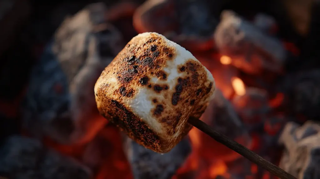 toasted marshmallow over campfire flames
