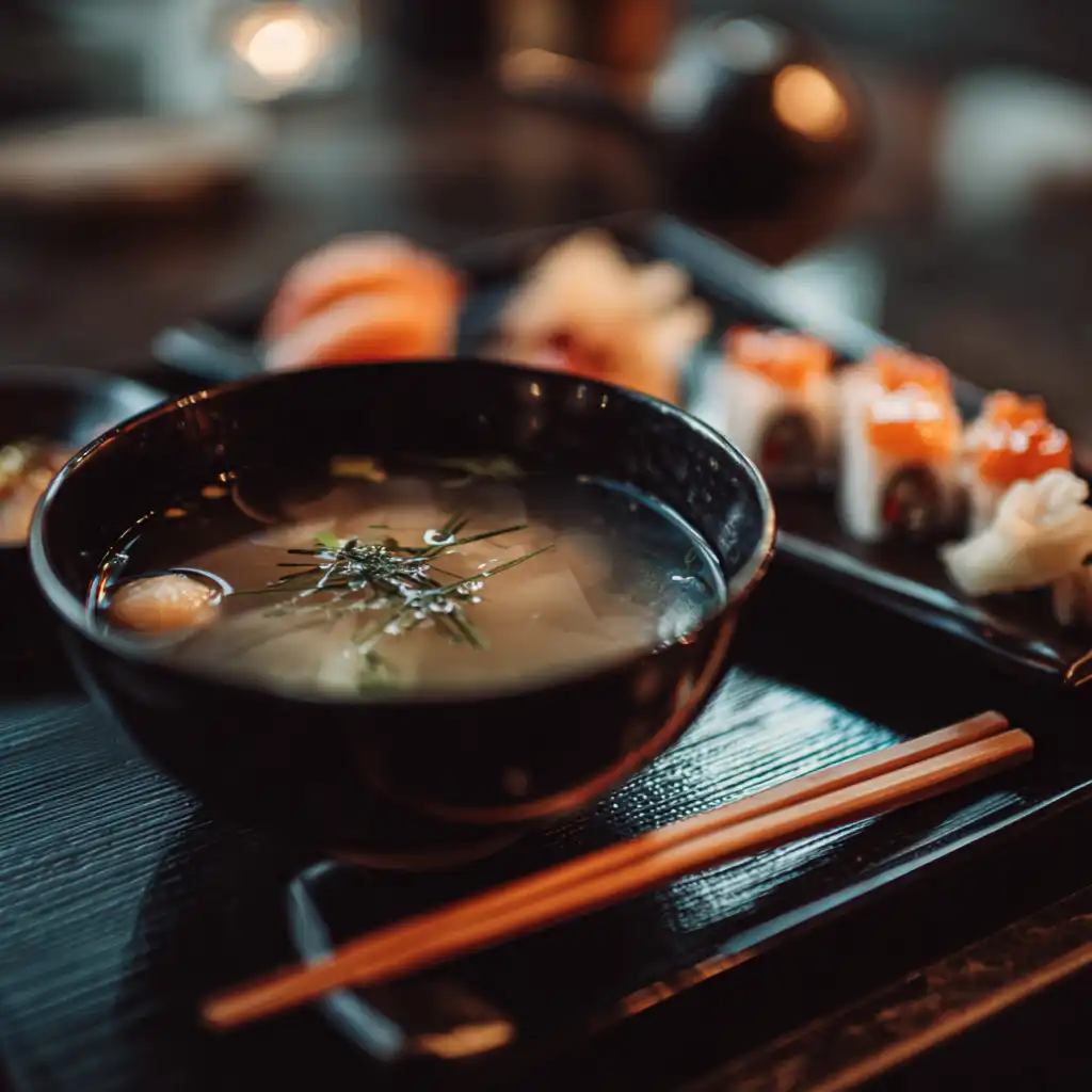 Japanese clear soup recipe served with sushi