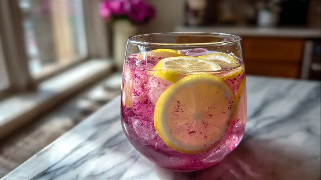 4-ingredient pink salt detox drink in a clear glass with lemon