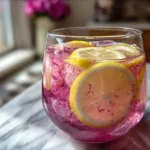 4-ingredient pink salt detox drink in a clear glass with lemon