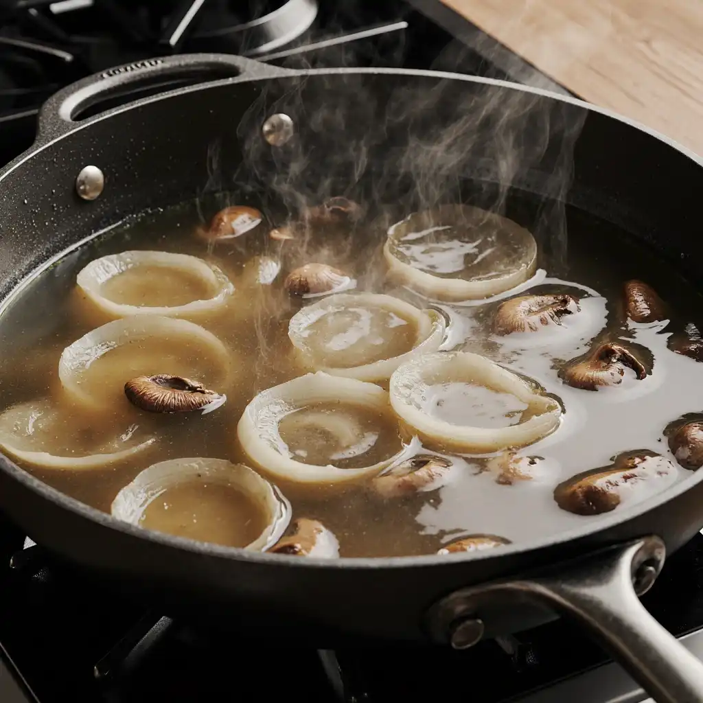 Japanese clear onion soup simmering in a pot